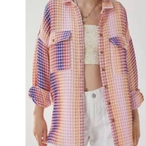 BDG Urban Outfitters Pink Blue Waffle Knit Button-Down HI-Lo hip n cozy shirt